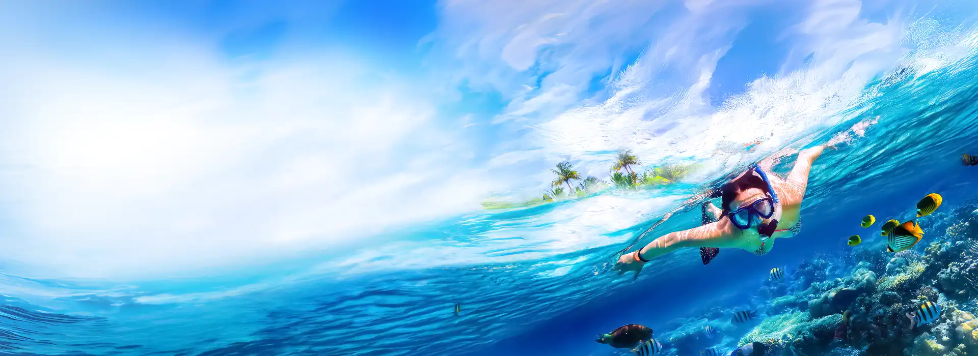 Snorkeling with sea turtles in Mirissa. Panoramic view of a snorkeler swimming in tropical blue ocean with coral reef.